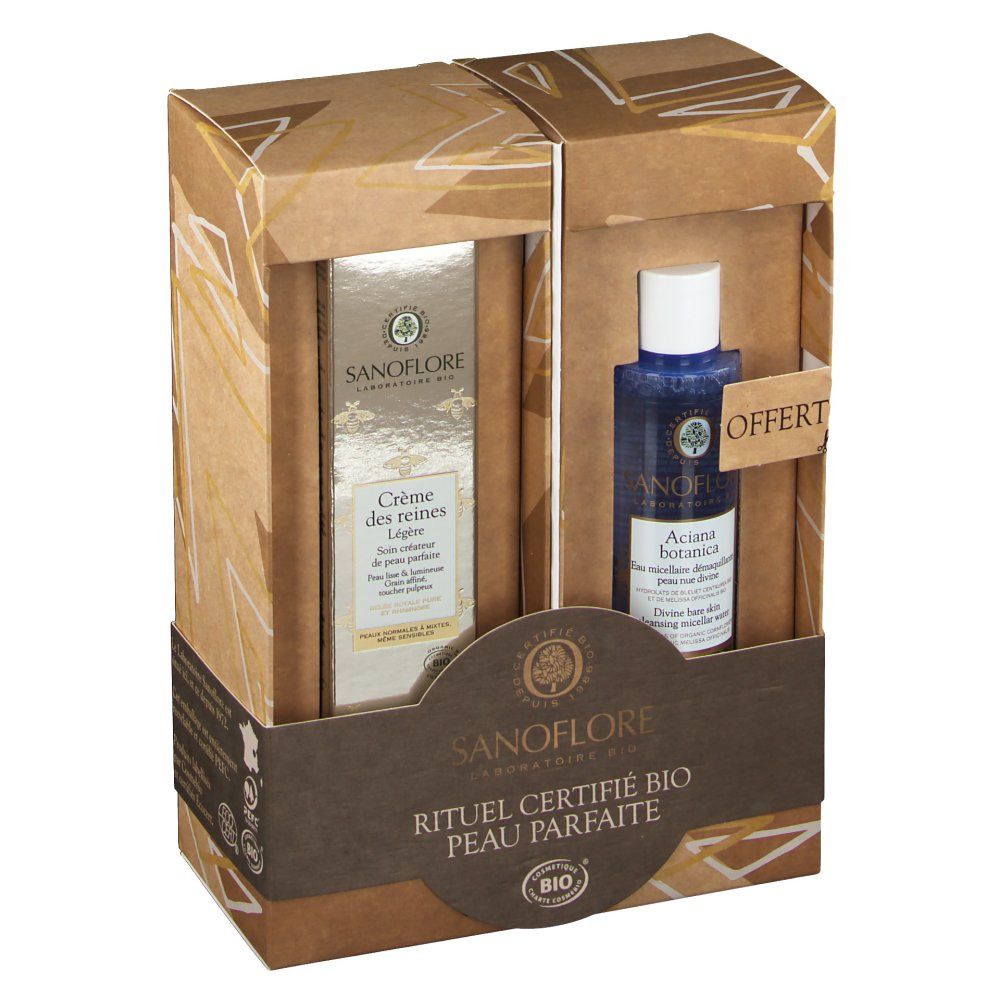 Geöffnete Geschenkverpackung mit zwei Produkten: Creme und Reinigungsflüssigkeit. Text: „Sanoflore“ und „Rituel Certifié Bio Peau Parfaite“.