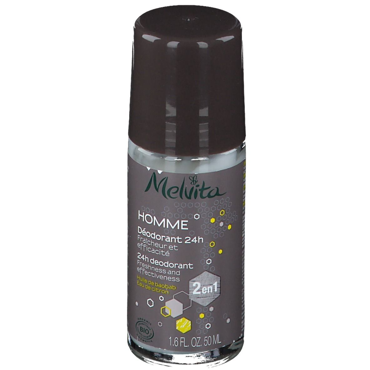 Déodorant roll-on. Bouchon marron, flacon transparent. Inscription: Melvita, Homme, Déodorant 24h, certification Bio.