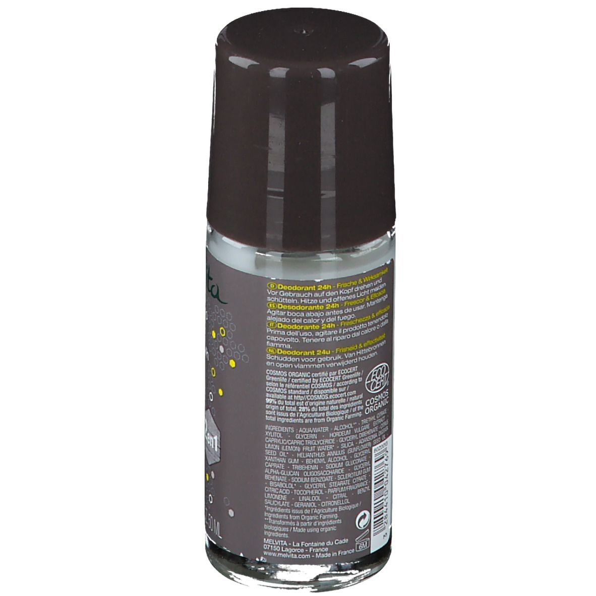 Dos du déodorant roll-on. Bouchon marron, flacon transparent. Texte avec ingrédients et certification Bio.