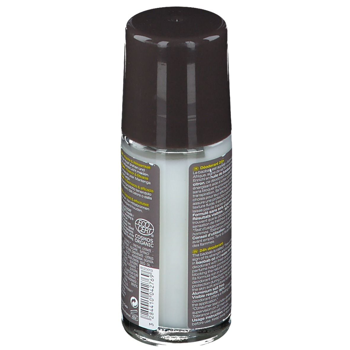 Dos du déodorant roll-on. Bouchon marron, flacon transparent. Texte avec ingrédients et certification Bio.