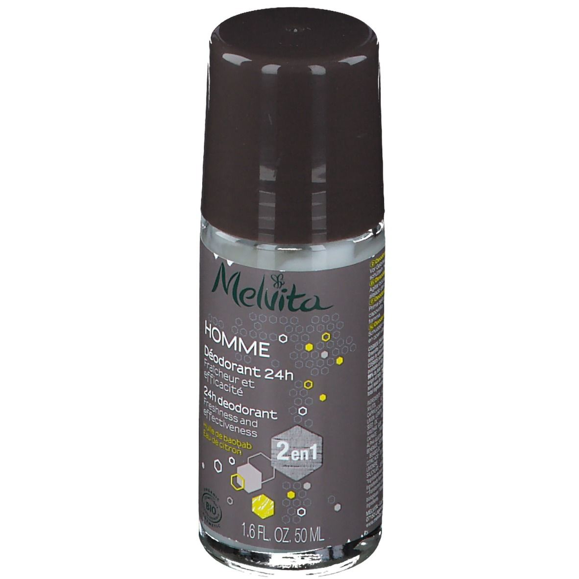 Déodorant roll-on. Bouchon marron, flacon transparent. Inscription: Melvita, Homme, Déodorant 24h, certification Bio.
