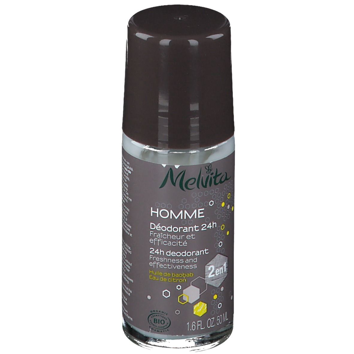 Déodorant roll-on. Bouchon marron, flacon transparent. Inscription: Melvita, Homme, Déodorant 24h, certification Bio.