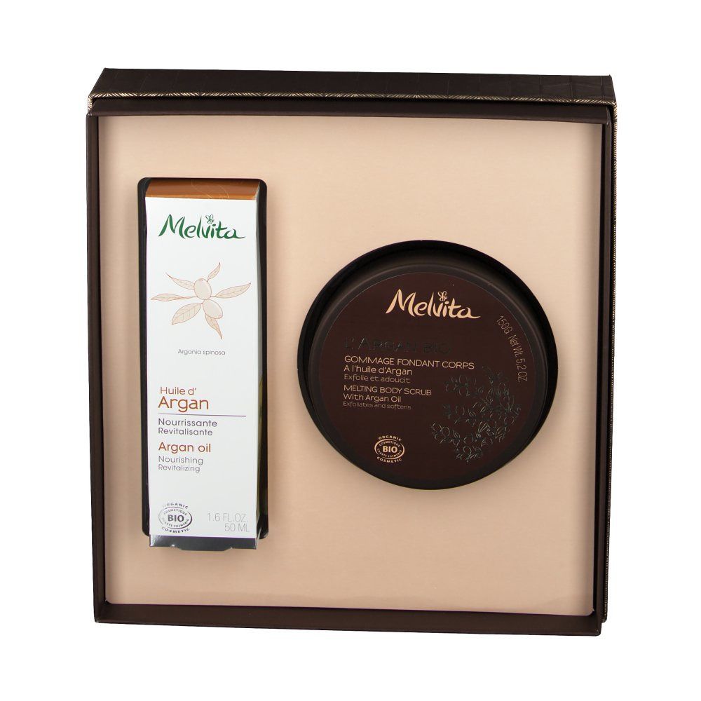 Coffret cadeau avec huile d'argan et gommage corps. Flacon et pot dans une boîte marron. Label bio visible.
