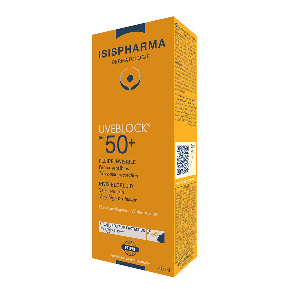 Boîte jaune ISISPHARMA Uveblock SPF 50+. Texte: Fluide Invisible, Peaux sensibles. Code QR.