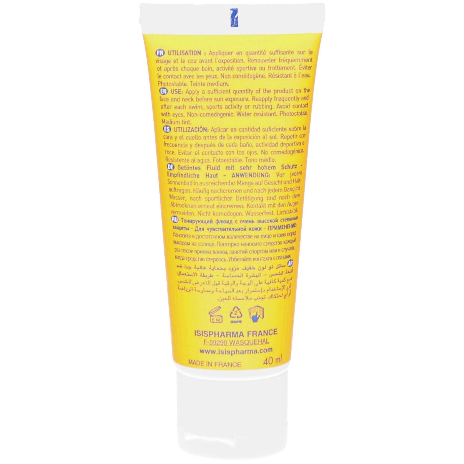 Dos du tube jaune. Texte: Instructions d'utilisation multilingues. Adresse du fabricant, 40 ml.