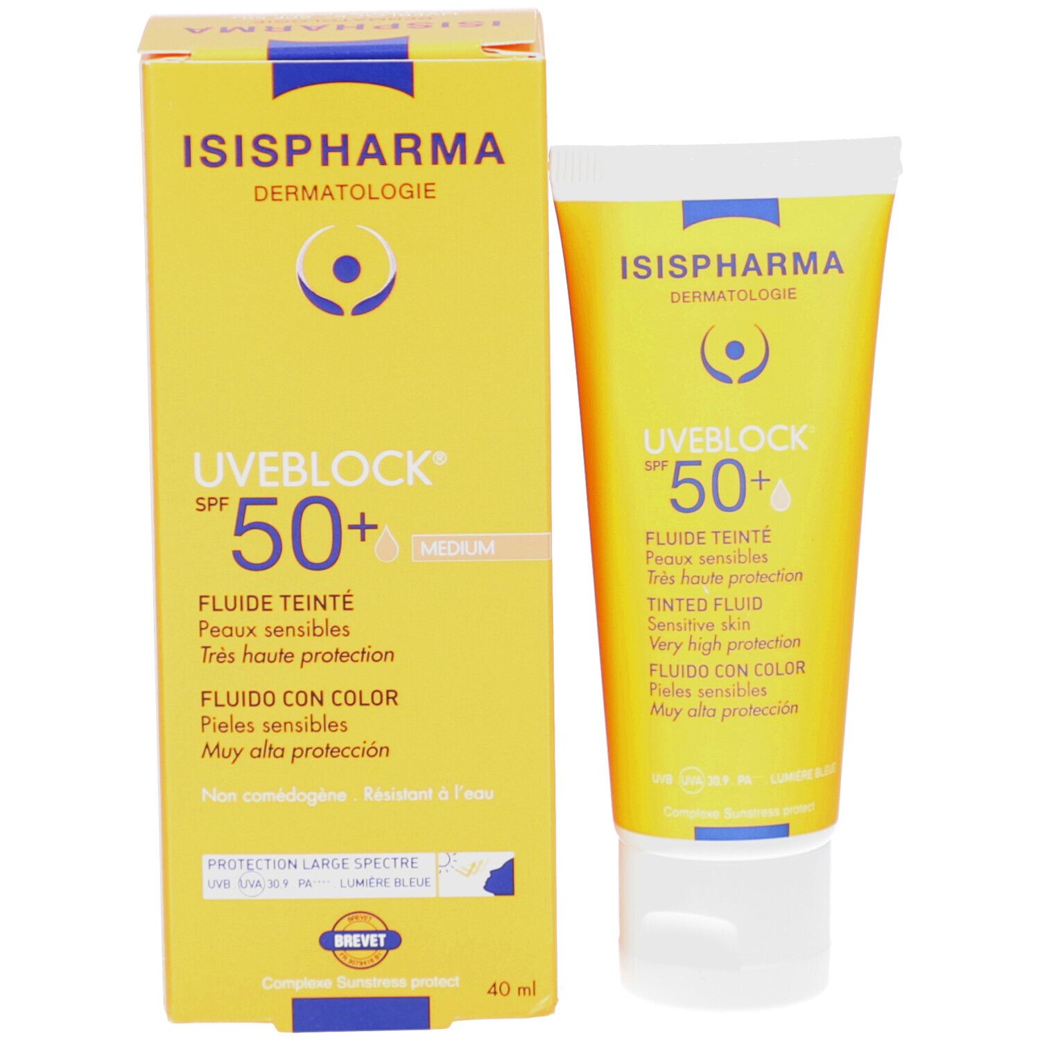 Emballage et tube. Boîte jaune et tube. Texte: ISISPHARMA, UVEBLOCK SPF 50+, fluide teinté, 40 ml.