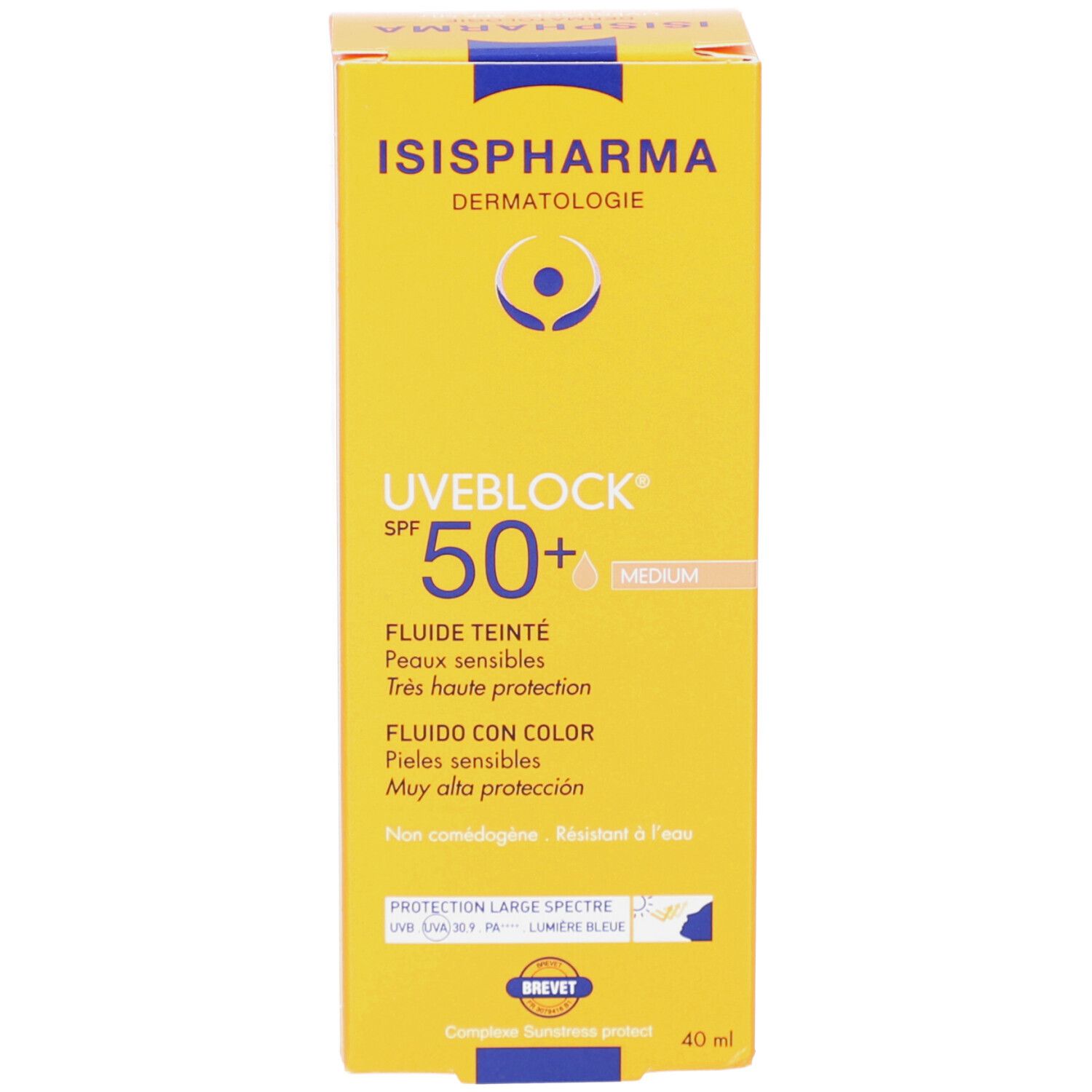 Emballage jaune. Texte: ISISPHARMA, UVEBLOCK SPF 50+, fluide teinté, 40 ml. Logo et informations.