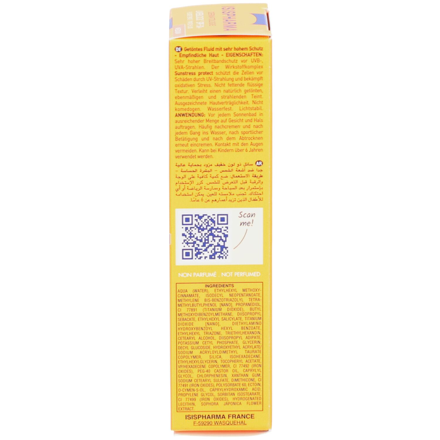 Dos de l'emballage jaune. Texte: Instructions d'utilisation, ingrédients, code QR, adresse du fabricant.