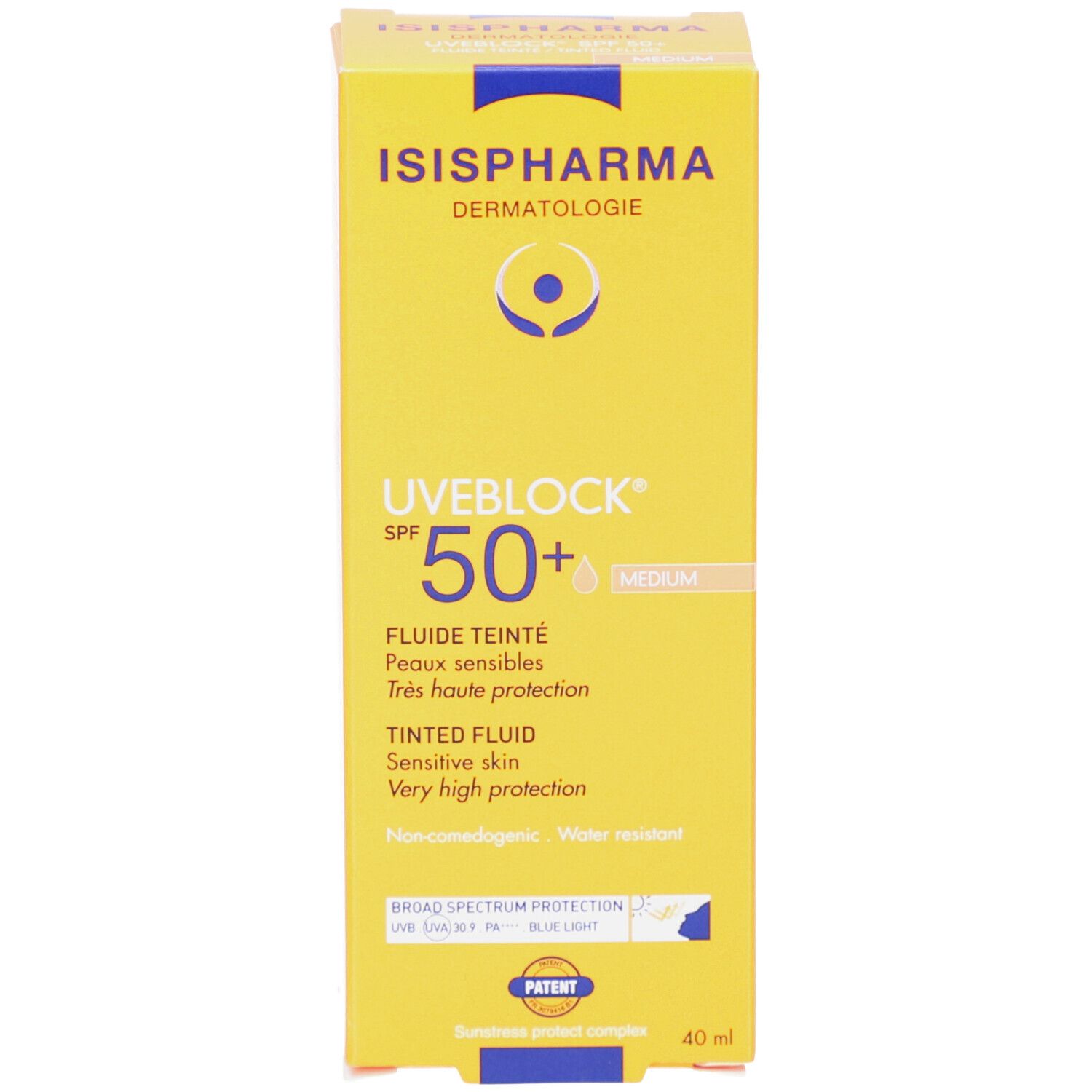 Emballage jaune. Texte: ISISPHARMA, UVEBLOCK SPF 50+, fluide teinté, 40 ml. Logo et informations.