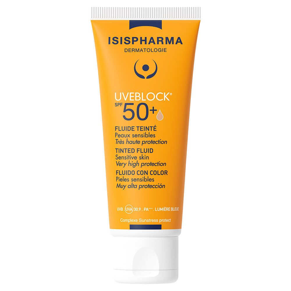 Tube jaune ISISPHARMA Uveblock SPF 50+ Medium. Texte et logo. Bouchon blanc.