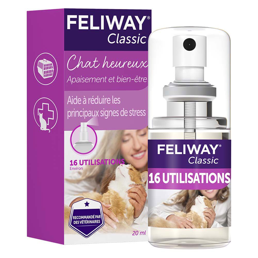 FELIWAY Classic Spray. Flacon avec vaporisateur et emballage. Texte : Chat heureux, 16 utilisations, recommandé par les vétérinaires.