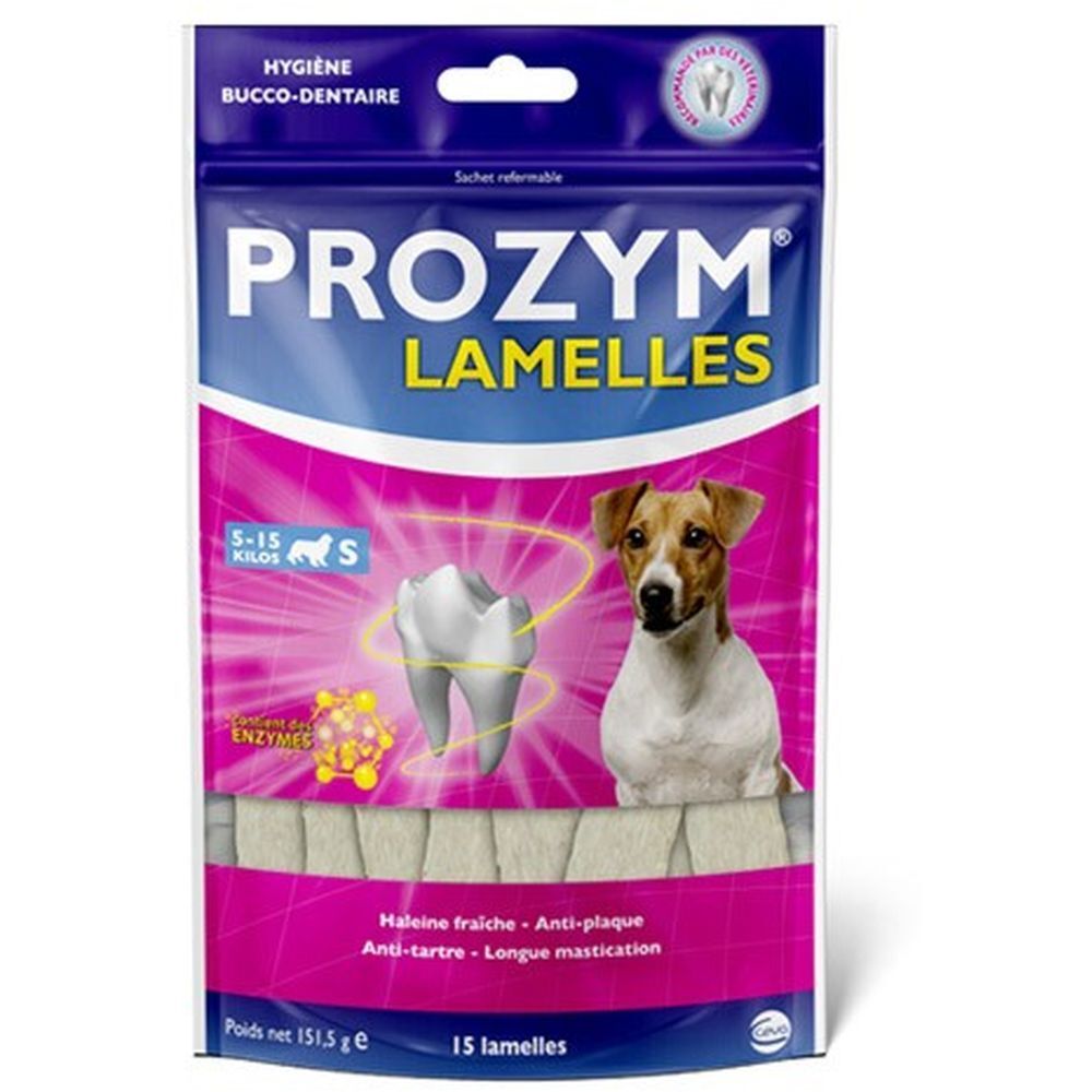 Beutel mit Lamellen für Hunde. Aufdruck: PROZYM, Lamelles, 5-15 kg, S. Abbildung eines Zahns und eines Hundes. Text: Hygiene bucco-dentaire.