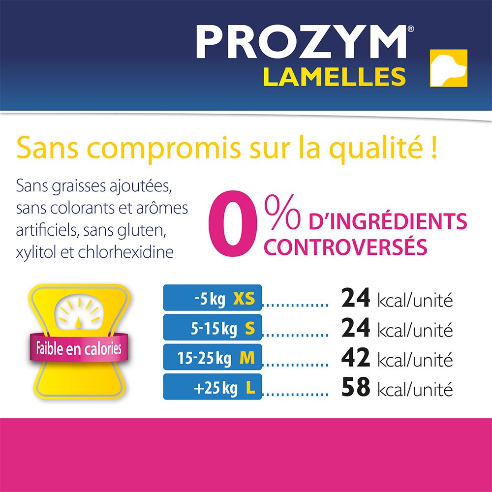 PROZYM LAMELLES. 0% umstrittene Inhaltsstoffe. Kalorienarm. Größenangaben für Hunde von XS bis L.