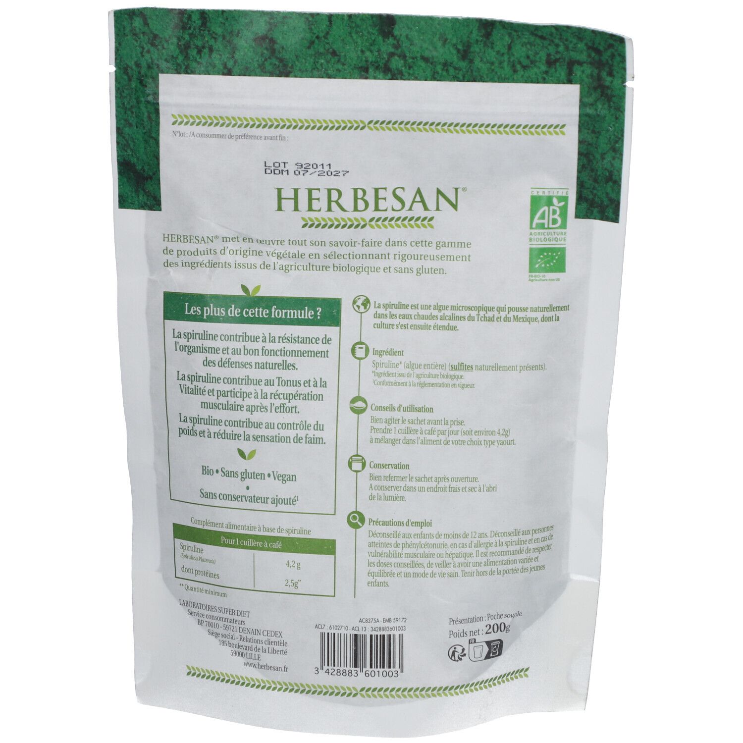 Dos du paquet HERBESAN Spiruline Bio. Texte, label AB, ingrédients, informations nutritionnelles, numéro de lot, date de péremption.