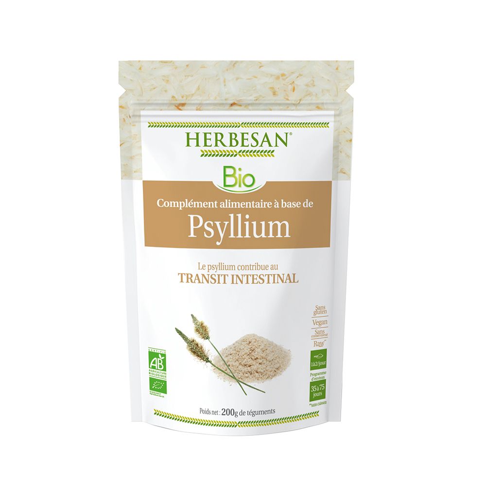 Sachet de Herbesan Psyllium Bio. Inscription: "Complément alimentaire à base de Psyllium". Label AB. Contenu: 200g.