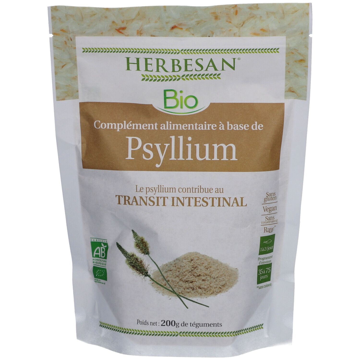 Herbesan Psyllium Bio. Beutel mit Psyllium-Pulver. Bio-Zertifizierung. Text: "Complément alimentaire à base de Psyllium".