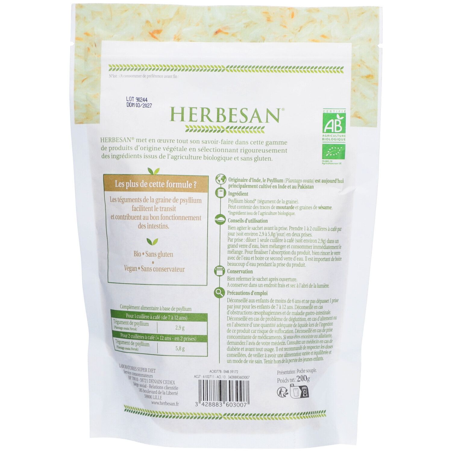 Rückseite der Herbesan Psyllium Bio Verpackung. Text und Informationen über das Produkt, Bio-Zertifizierung, Inhaltsstoffe und Anwendung.