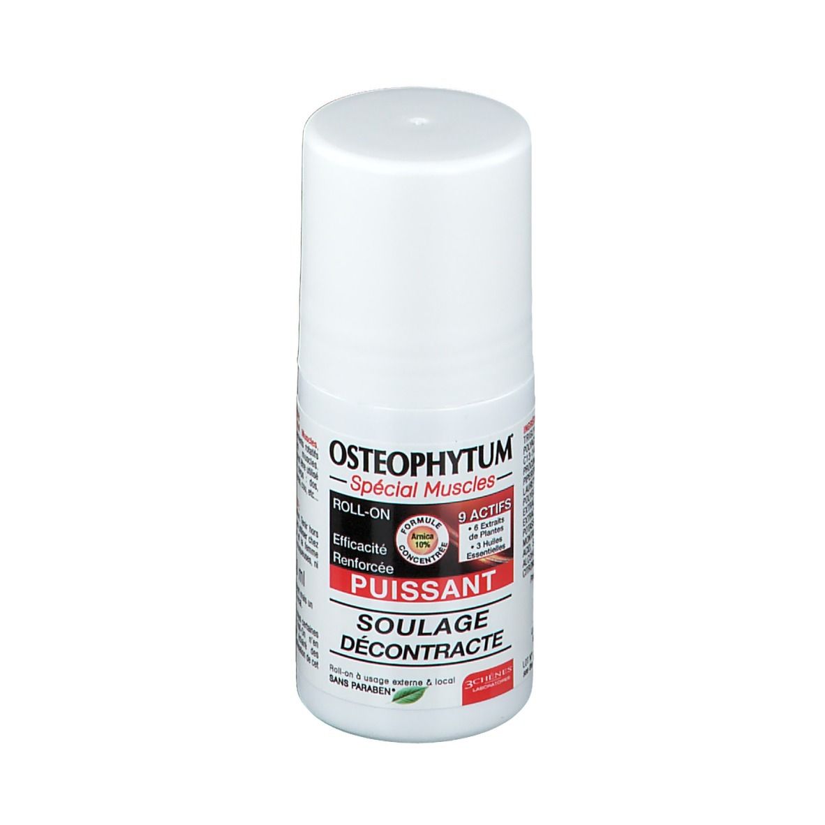 Weißer Roll-On-Behälter mit roter und schwarzer Beschriftung. Text: OSTEOPHYTUM, ROLL-ON, PUISSANT, SOULAGE DÉCONTRACTE.
