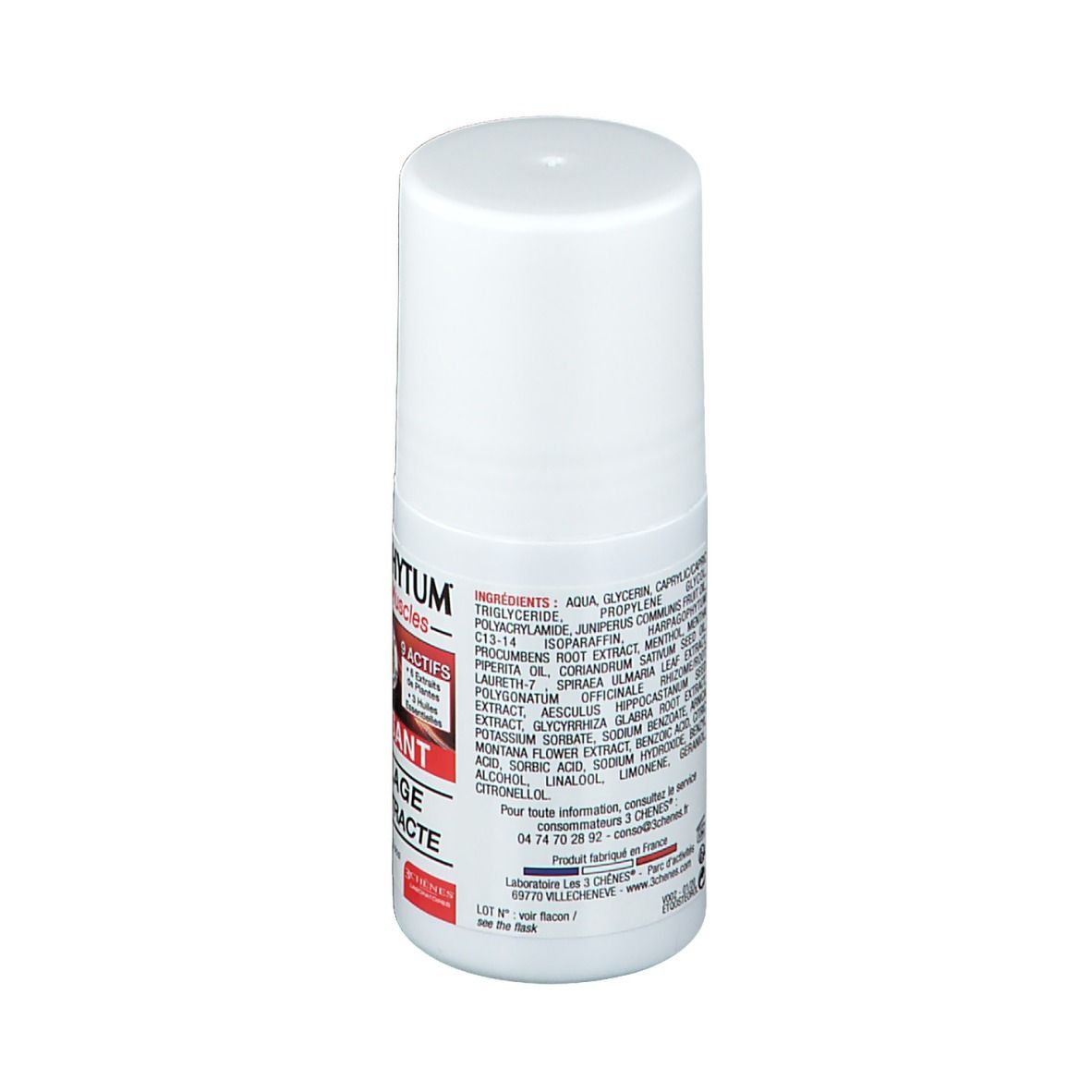 Rückseite des weißen Roll-On-Behälters mit Inhaltsstoffliste und Kontaktinformationen. Text: INGRÉDIENTS, 3 CHÊNES.