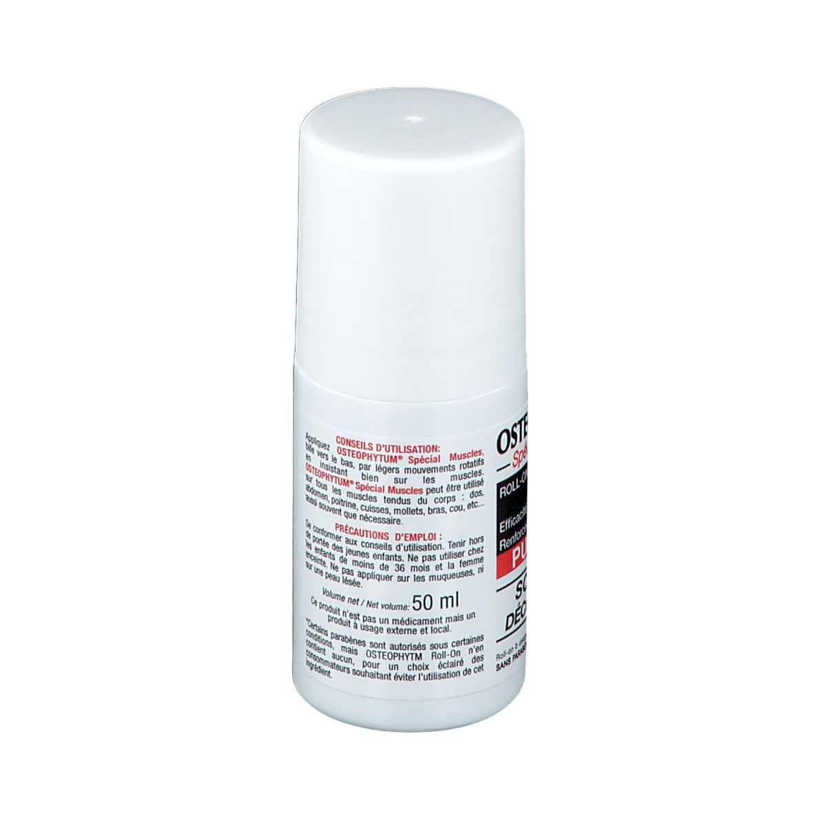 Weißer Roll-On-Behälter mit roter und schwarzer Beschriftung. Text: OSTEOPHYTUM, ROLL-ON, 50 ml, SOULAGE DÉCONTRACTE.