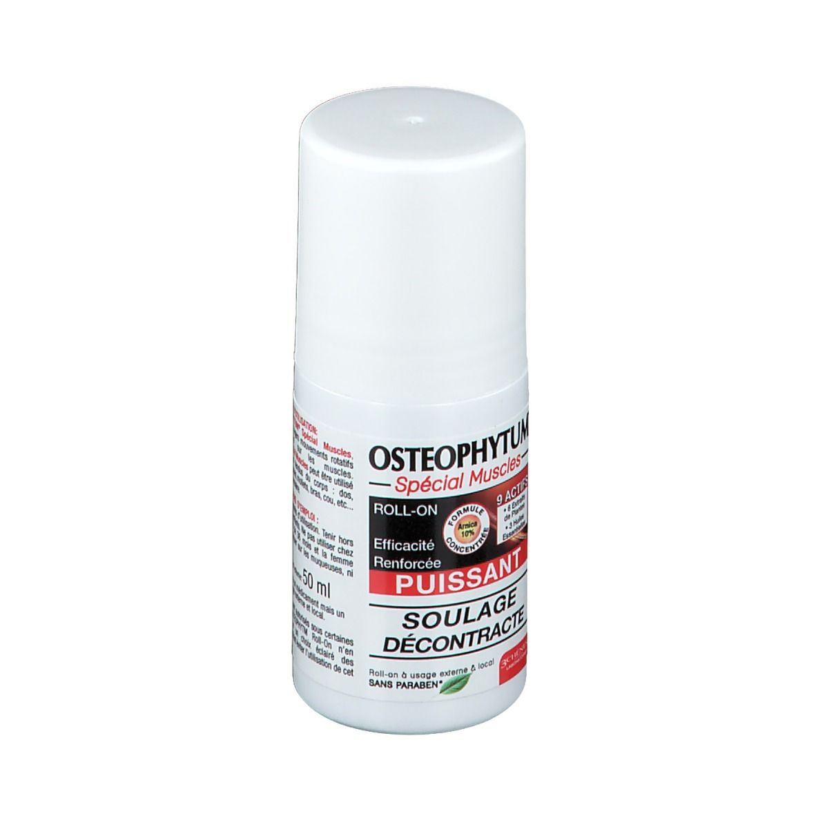 Weißer Roll-On-Behälter mit roter und schwarzer Beschriftung. Text: OSTEOPHYTUM, ROLL-ON, PUISSANT, SOULAGE DÉCONTRACTE, 50 ml.