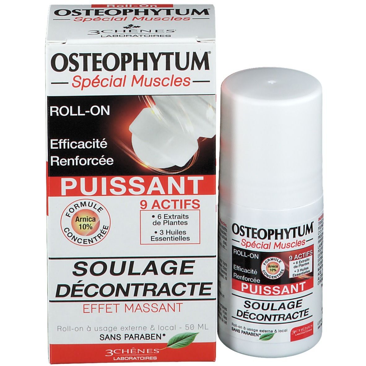 Produktverpackung und Roll-On-Behälter. Text: OSTEOPHYTUM, ROLL-ON, 50 ml, SOULAGE DÉCONTRACTE, 3 CHÊNES LABORATOIRES.