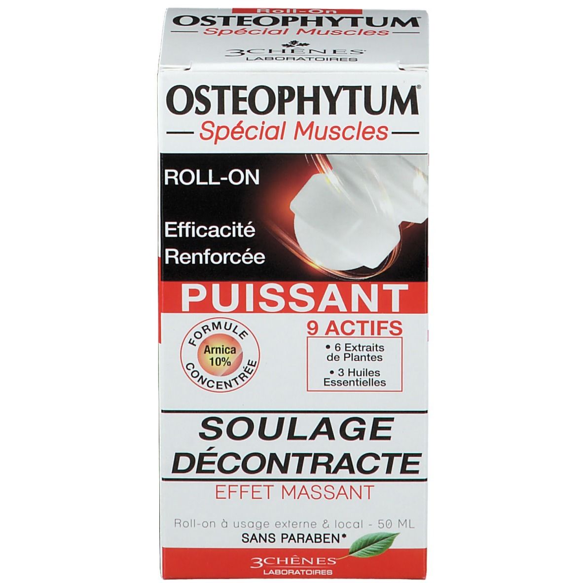 Produktverpackung. Text: OSTEOPHYTUM, ROLL-ON, 50 ml, SOULAGE DÉCONTRACTE, 3 CHÊNES LABORATOIRES.