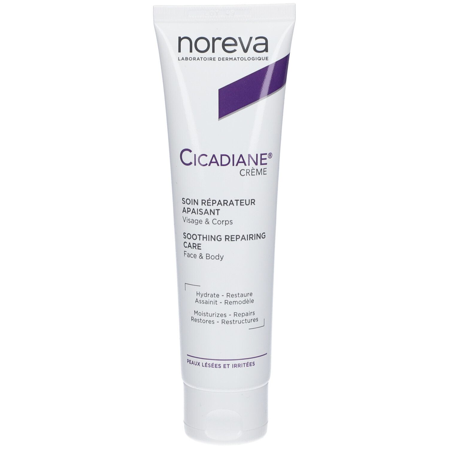 Tube blanc. Inscriptions : noreva, Cicadiane Crème, Soin réparateur apaisant, visage & corps, soothing repairing care, face & body.