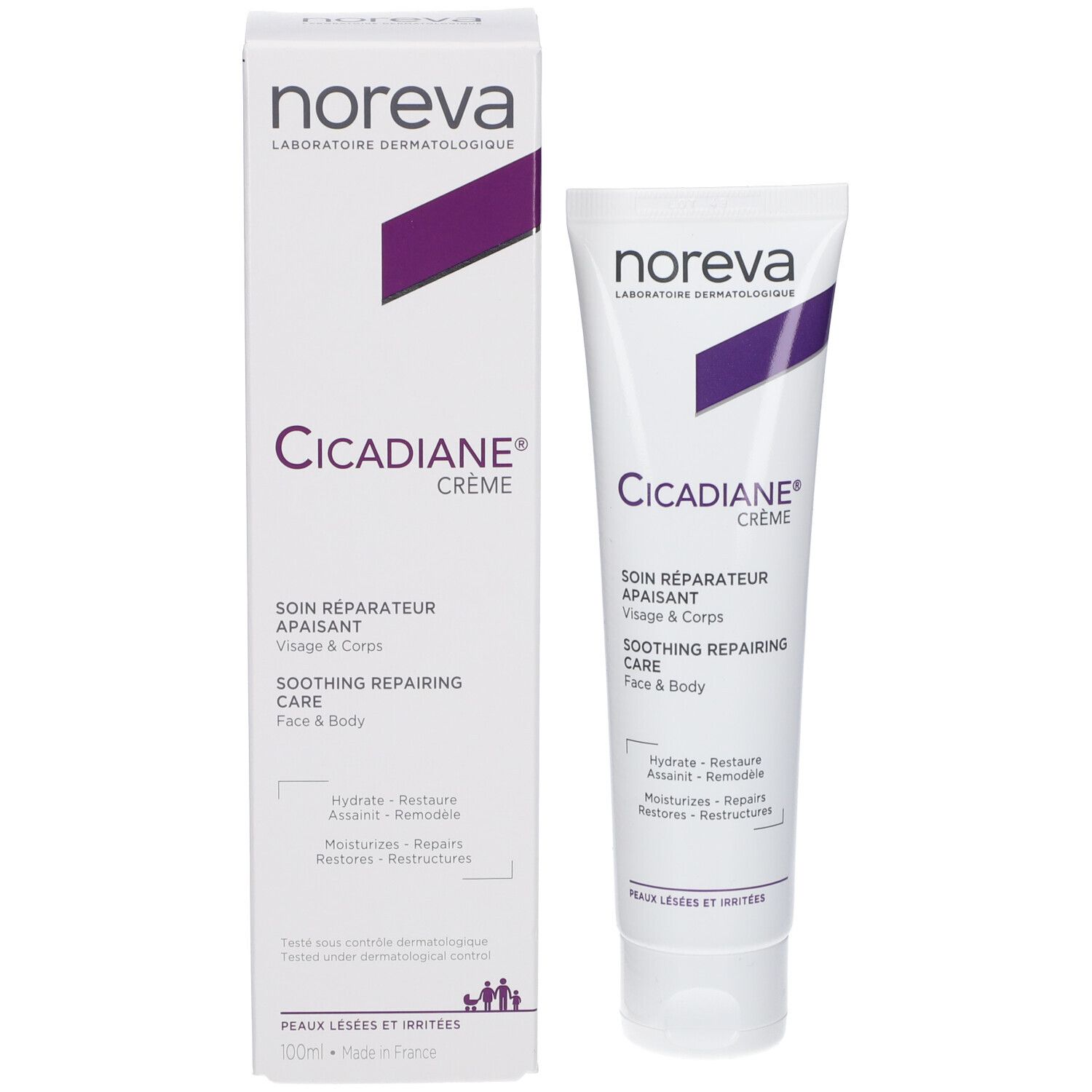 Conditionnement : tube et boîte. Inscriptions : noreva, Cicadiane Crème, Soin réparateur apaisant, visage & corps, soothing repairing care.