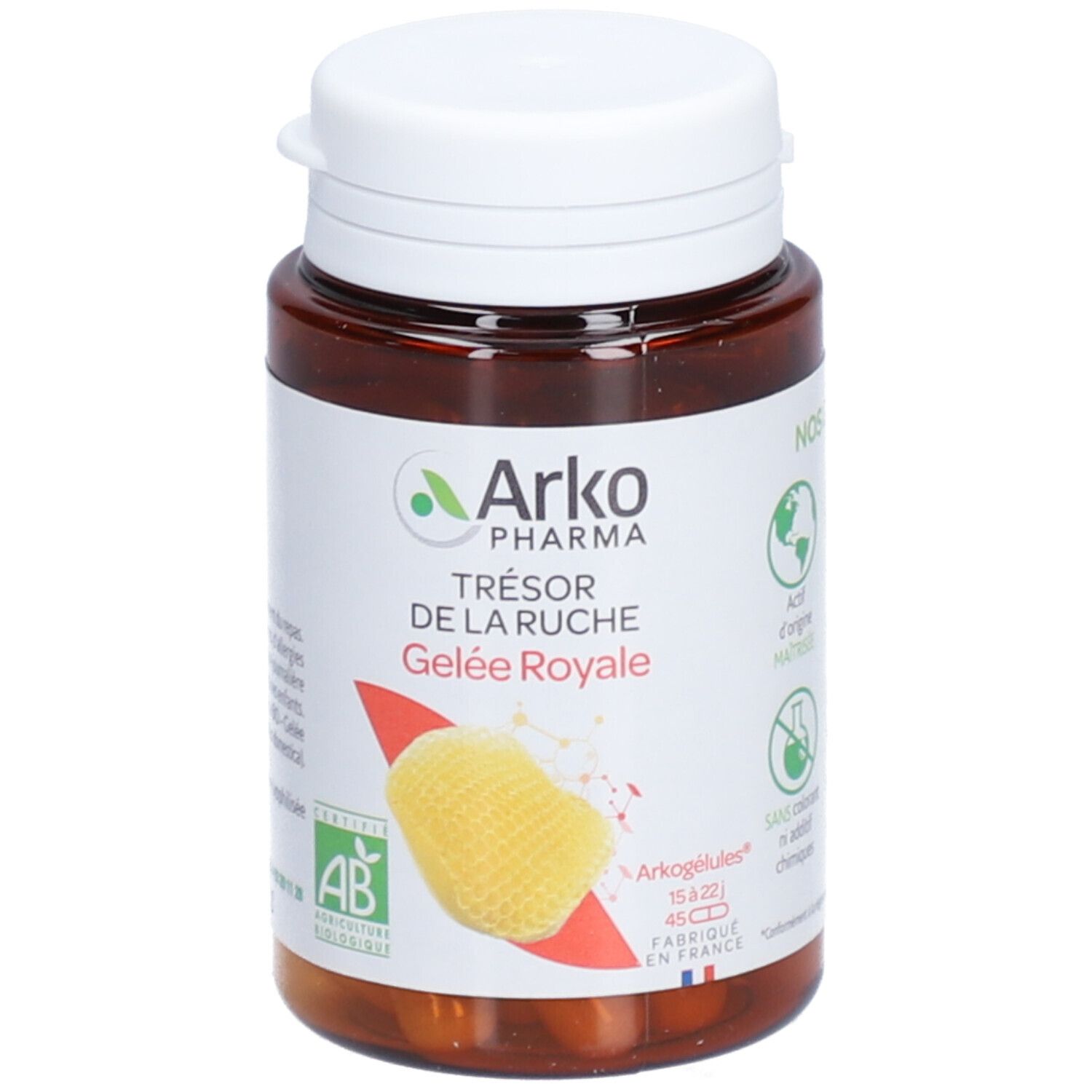 Flacon marron avec bouchon blanc. Étiquette avec informations produit. Arkopharma Arkogélules Gelée Royale.