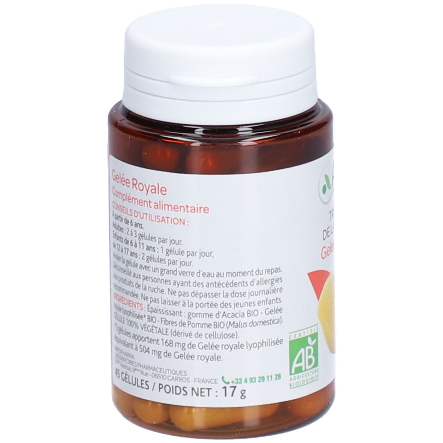 Dos du flacon. Texte avec instructions et ingrédients. Arkopharma Arkogélules Gelée Royale.