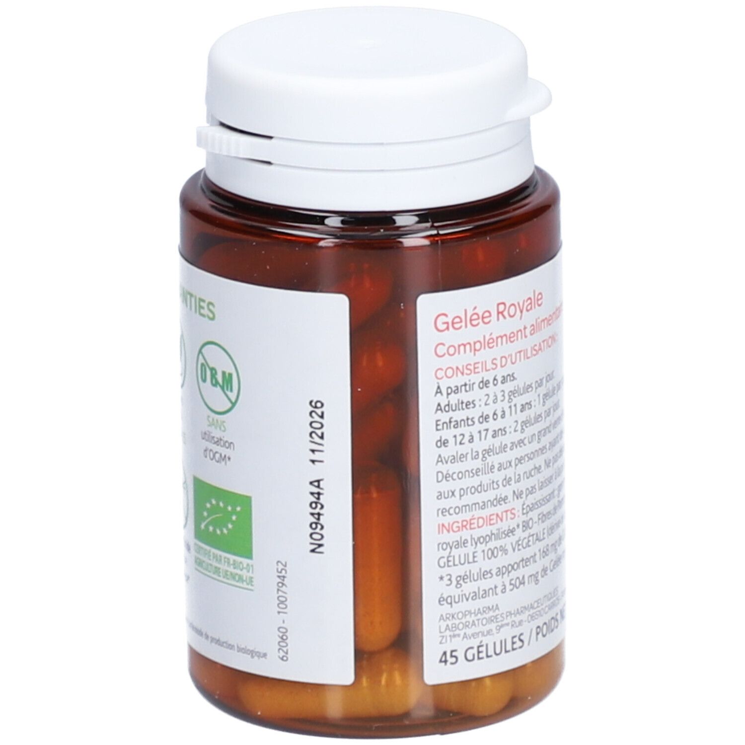 Dos du flacon. Texte avec date de péremption et ingrédients. Arkopharma Arkogélules Gelée Royale.