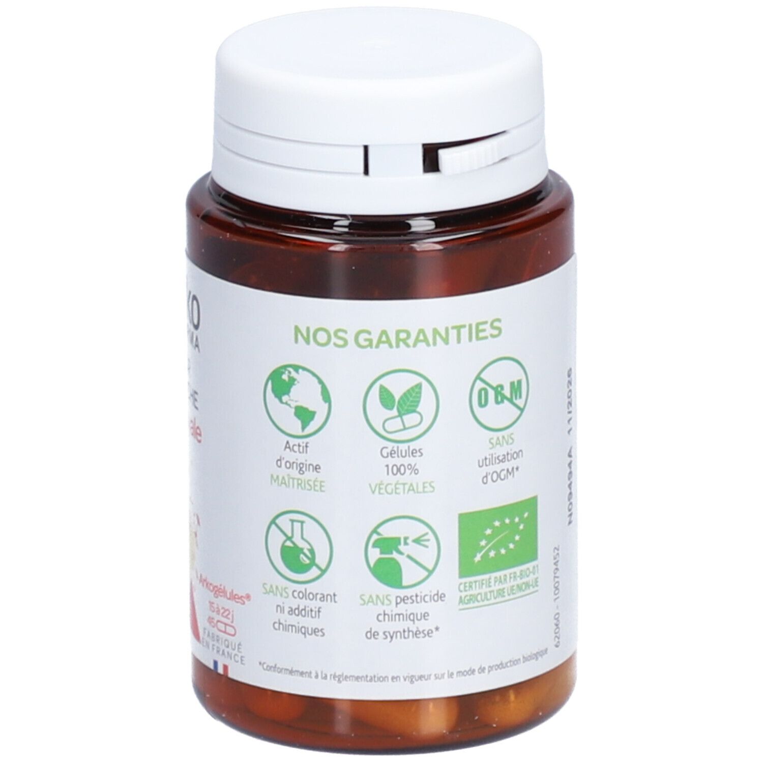 Dos du flacon. Symboles de qualité et certifications. Arkopharma Arkogélules Gelée Royale.