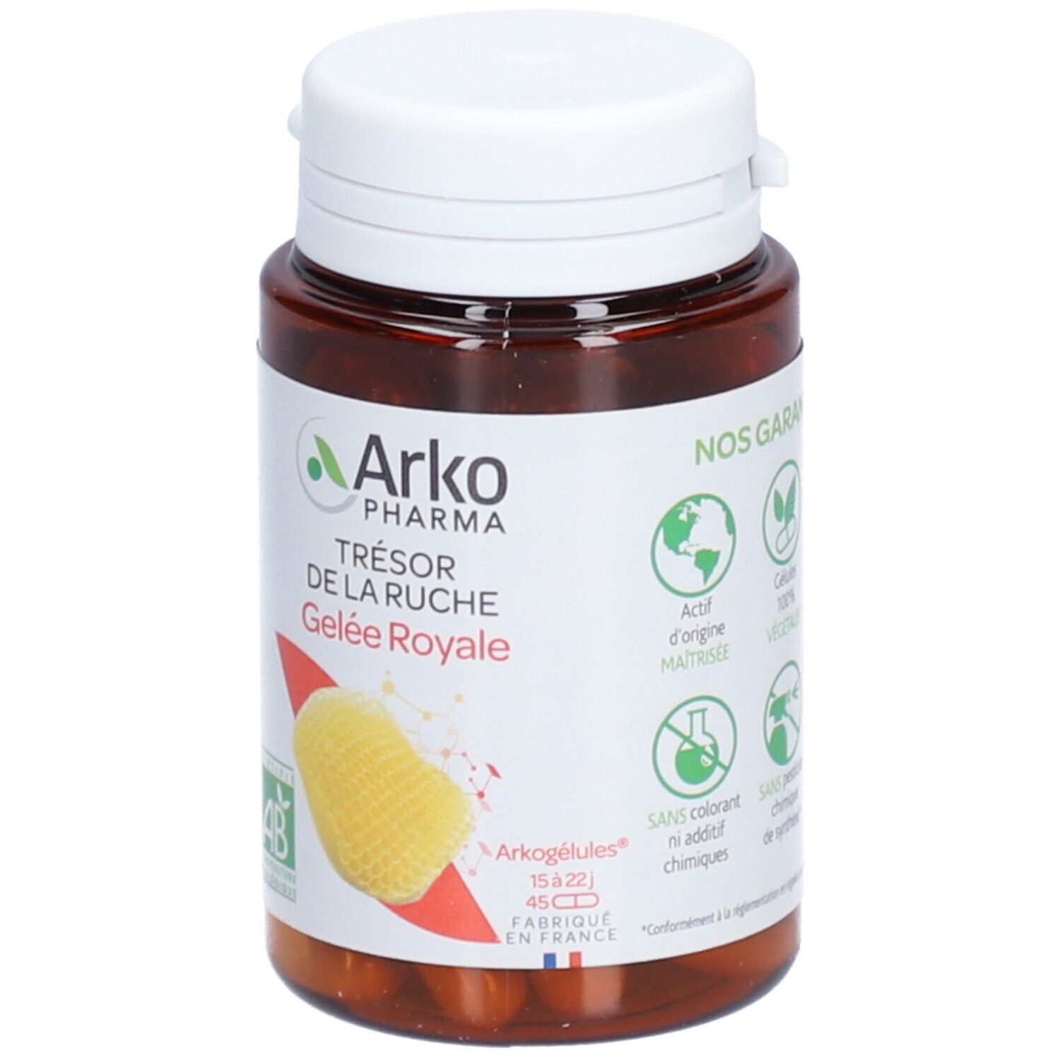 Flacon marron avec bouchon blanc. Étiquette avec informations produit. Arkopharma Arkogélules Gelée Royale.
