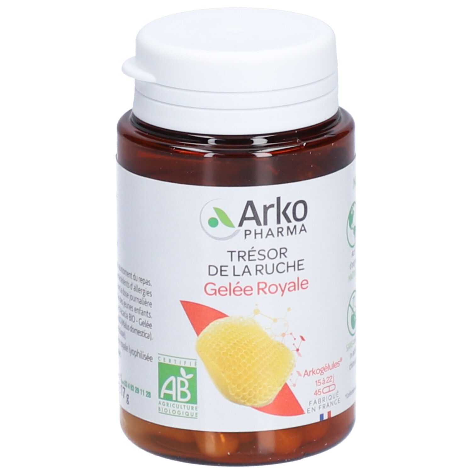 Flacon marron avec bouchon blanc. Étiquette avec informations produit. Arkopharma Arkogélules Gelée Royale.