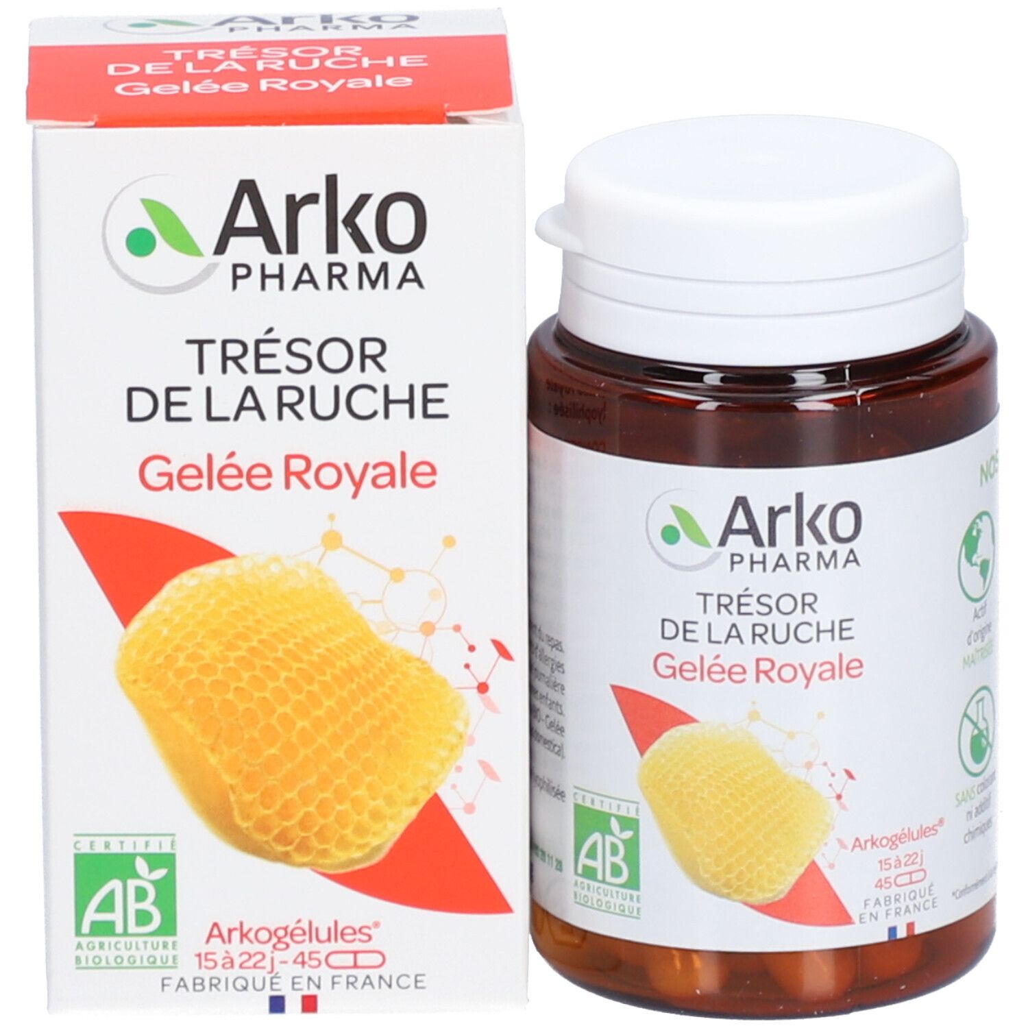Emballage du produit avec flacon et boîte. Arkopharma Arkogélules Gelée Royale.