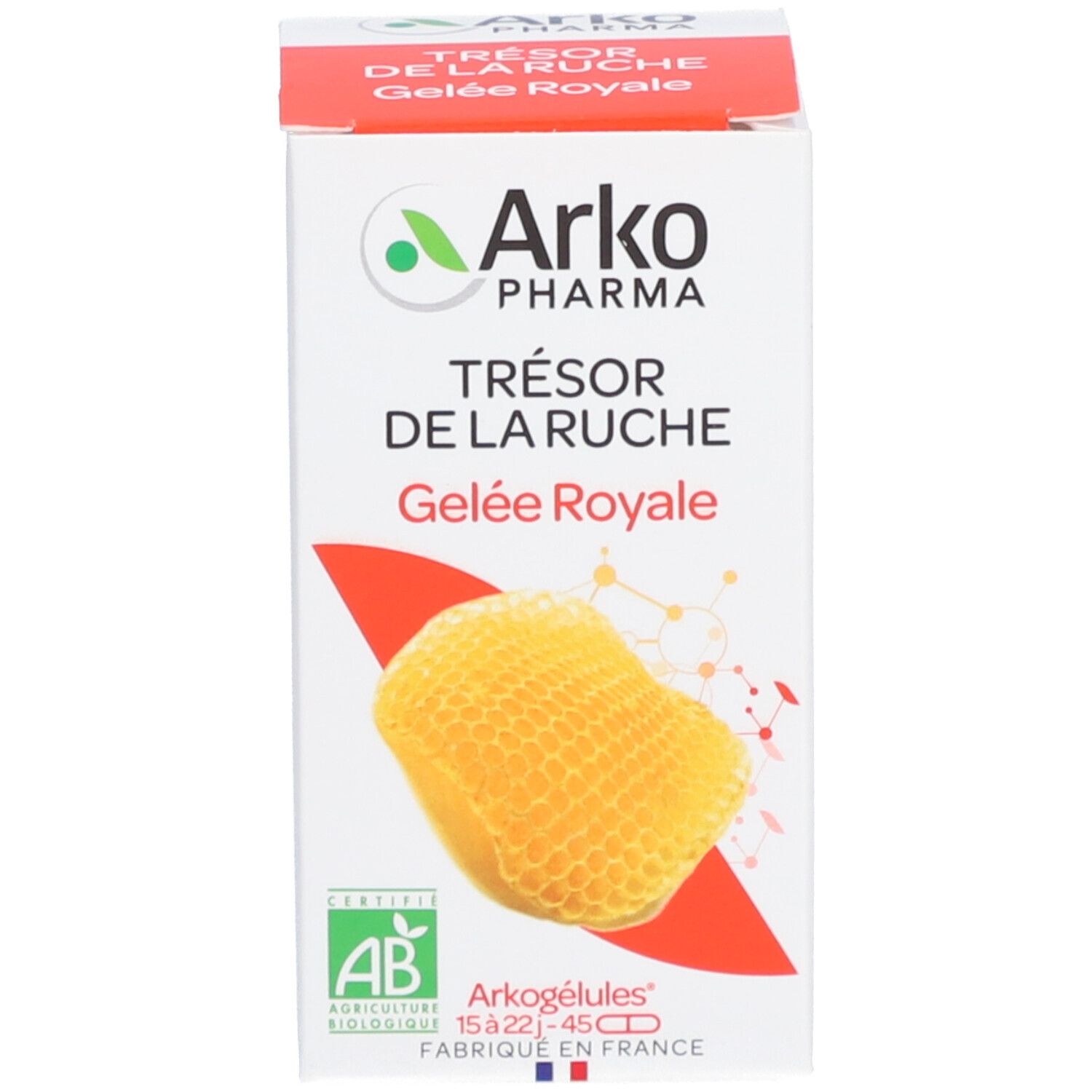 Emballage du produit. Boîte avec informations produit. Arkopharma Arkogélules Gelée Royale.