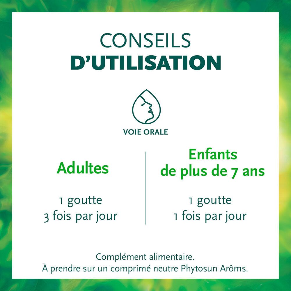 Infographie avec recommandations de dosage. Adultes: 1 goutte, 3x/jour. Enfants +7 ans: 1 goutte, 1x/jour.