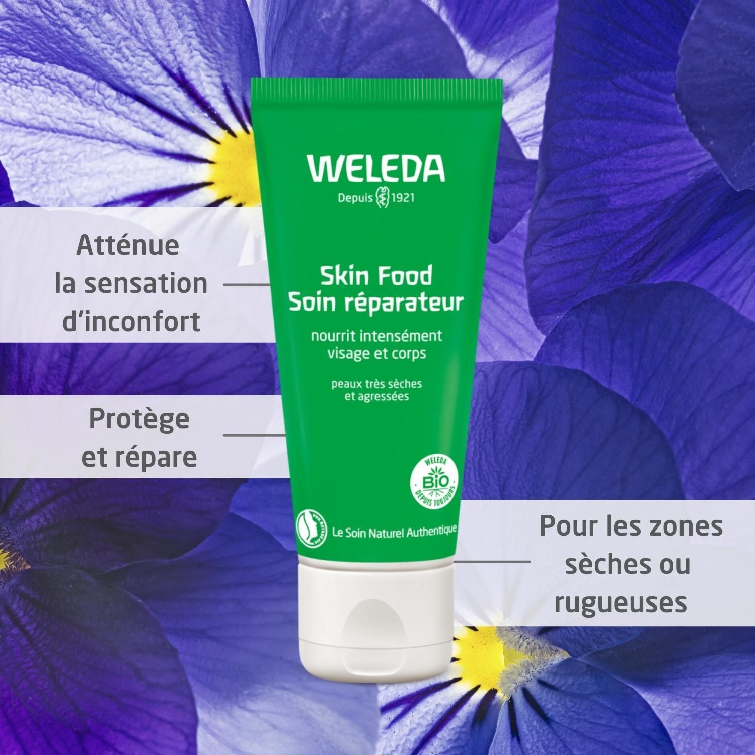 Tube vert Weleda Skin Food. Texte : Soin réparateur, visage et corps. Label bio. Fond : fleurs bleues.