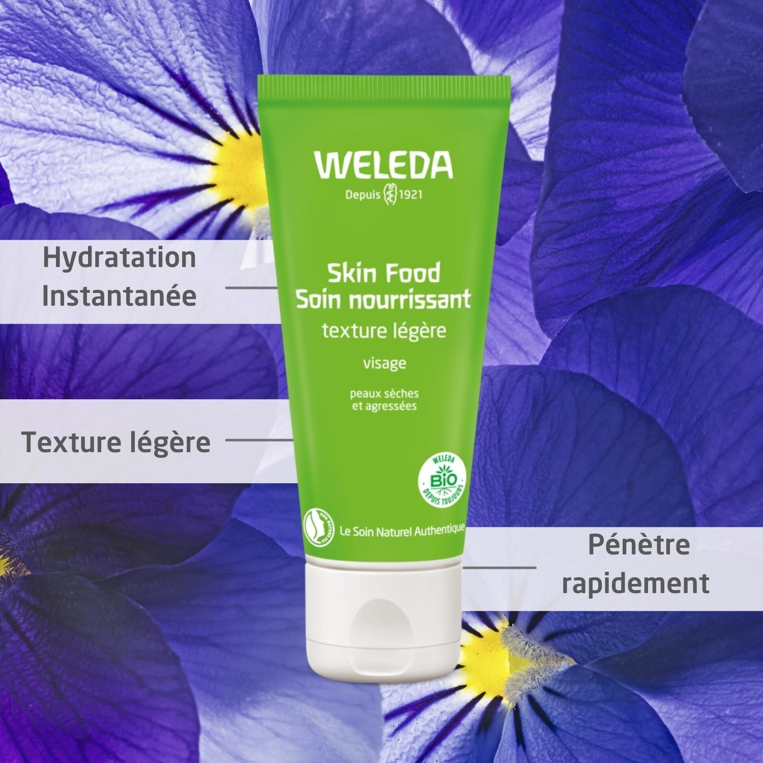 Tube vert sur fond bleu. Marque Weleda. Texte: Skin Food, Soin nourrissant, texture légère, visage. Textes additionnels.
