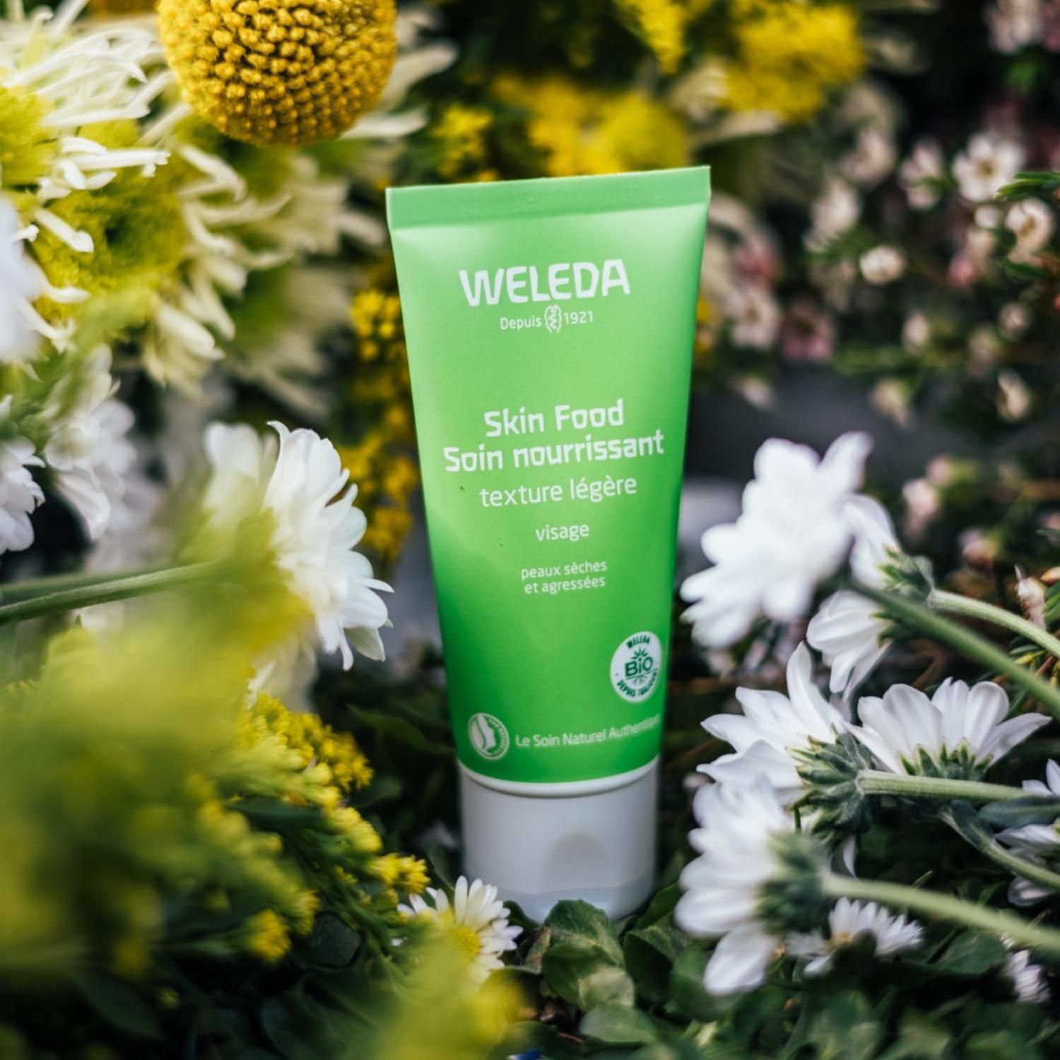 Tube vert dans les fleurs. Marque Weleda. Texte: Skin Food, Soin nourrissant, texture légère, visage. Environnement naturel.