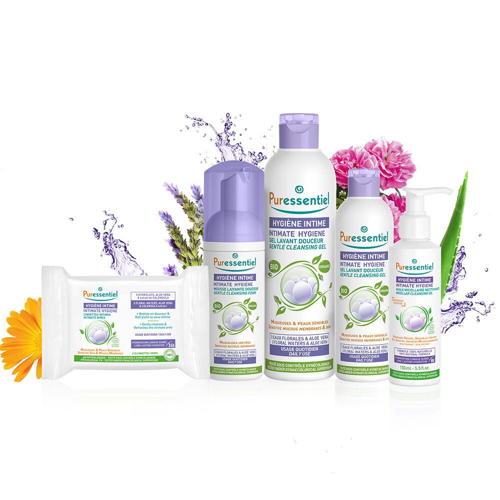 Verschiedene Produkte: Flaschen, Tücher. Aufschrift: Hygiene Intime. Lila und weiß.