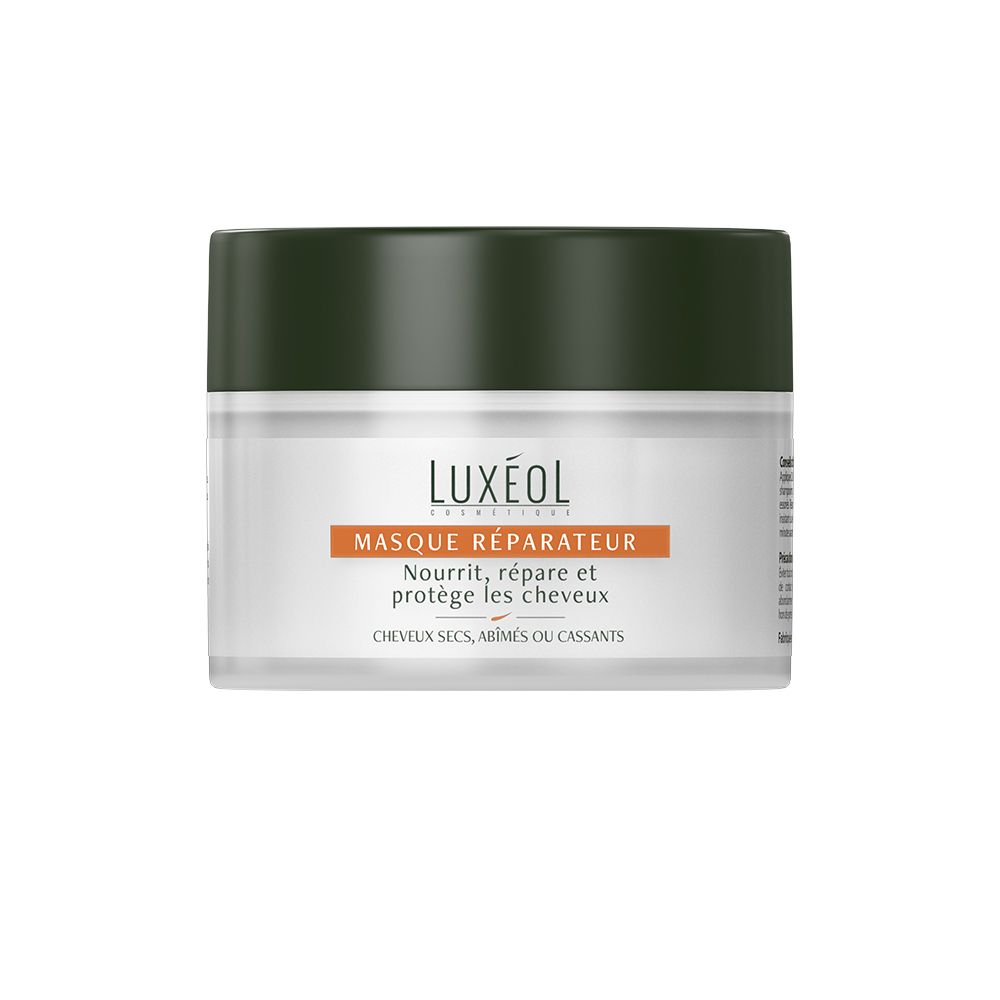 Pot blanc avec couvercle vert foncé. Bande orange avec texte. Nom du produit et texte.