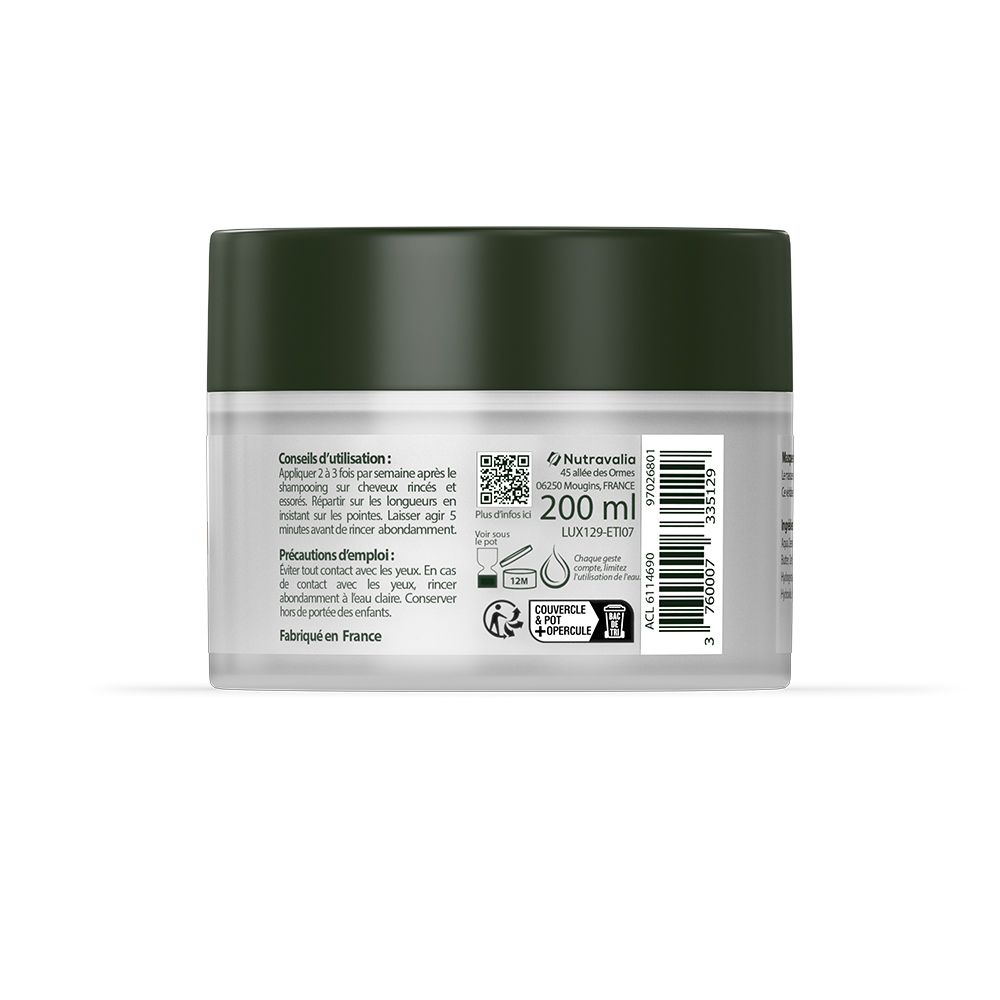 Dos du pot blanc avec couvercle vert foncé. Texte et code QR. 200 ml.