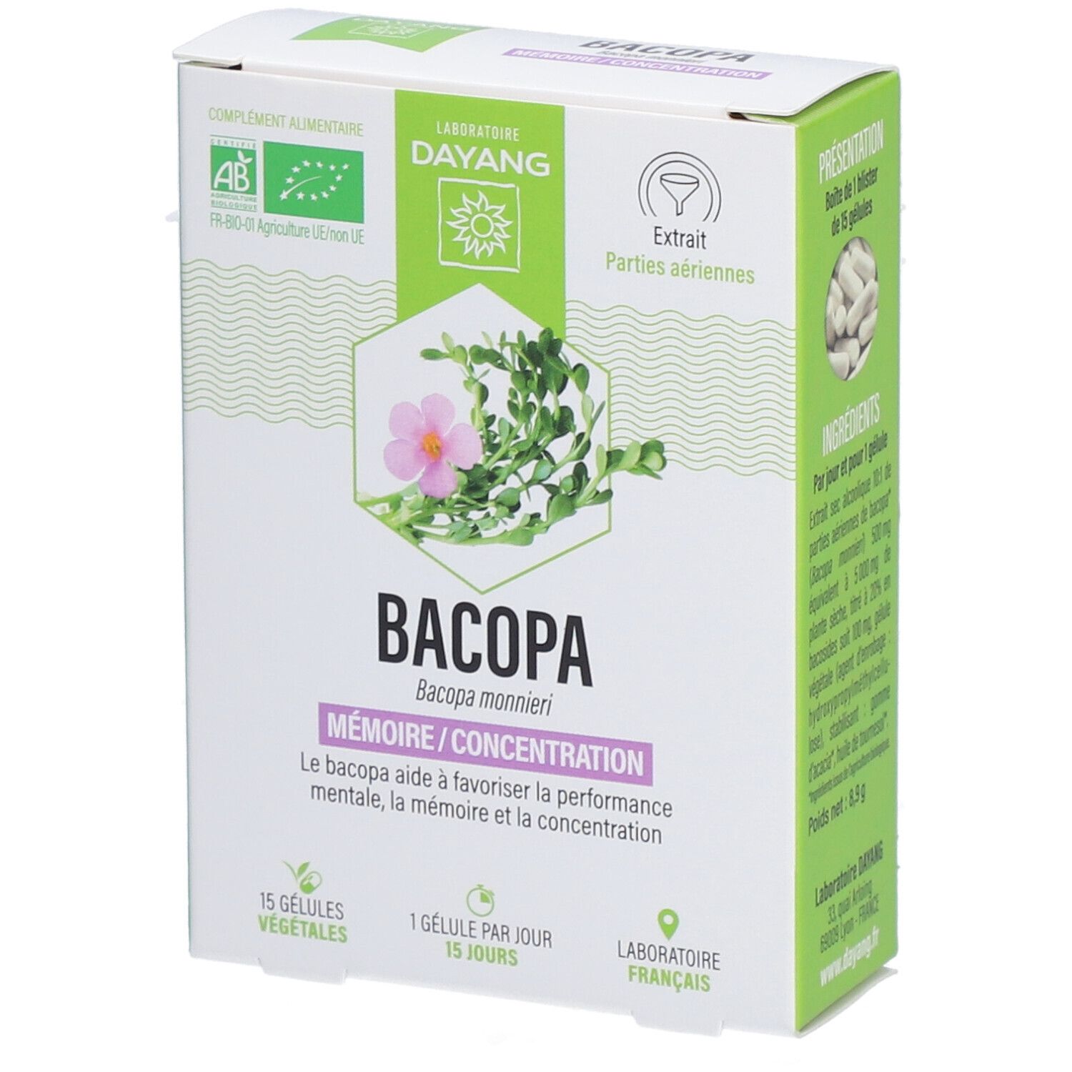Karton mit Bacopa-Nahrungsergänzungsmittel. Aufdruck: Bacopa, Memoire/Concentration, 15 Kapseln, AB-Bio-Siegel.