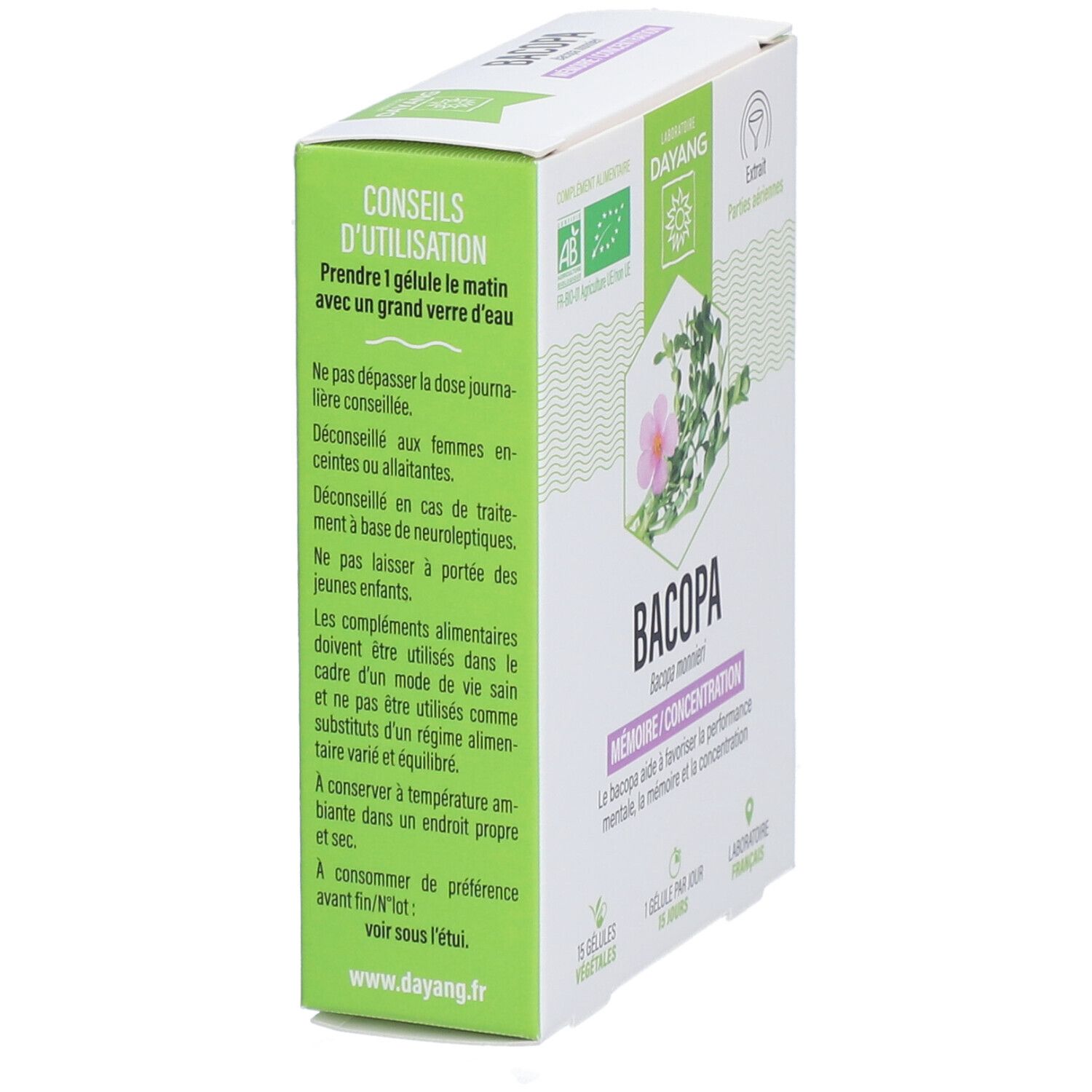 Seitenansicht der Bacopa-Verpackung. Text: Anwendungshinweise, AB-Bio-Siegel, Bacopa, Memoire/Concentration.