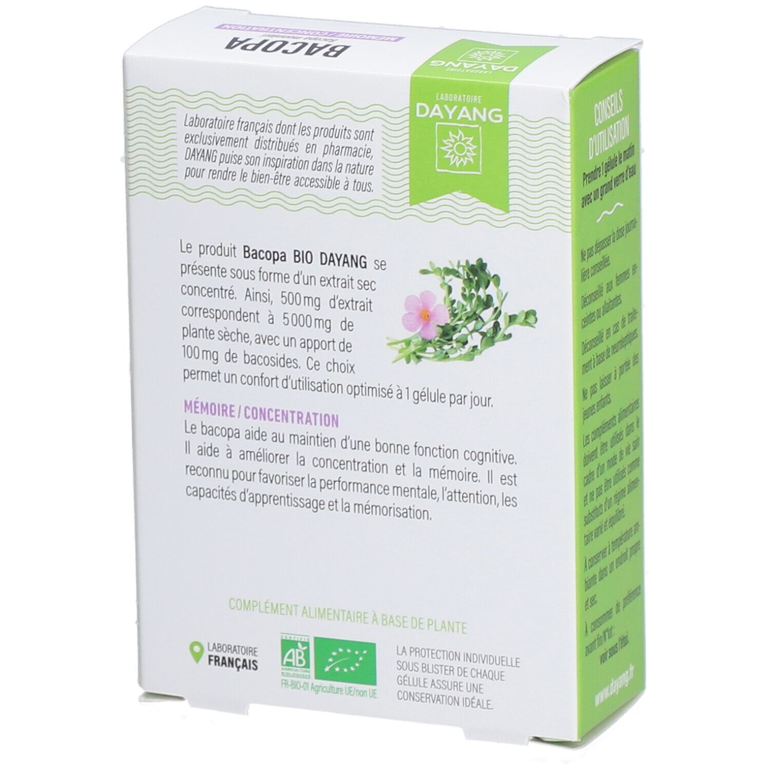 Rückseite der Bacopa-Verpackung. Text: Bacopa BIO DAYANG, Memoire/Concentration, AB-Bio-Siegel, Laboratoire Français.