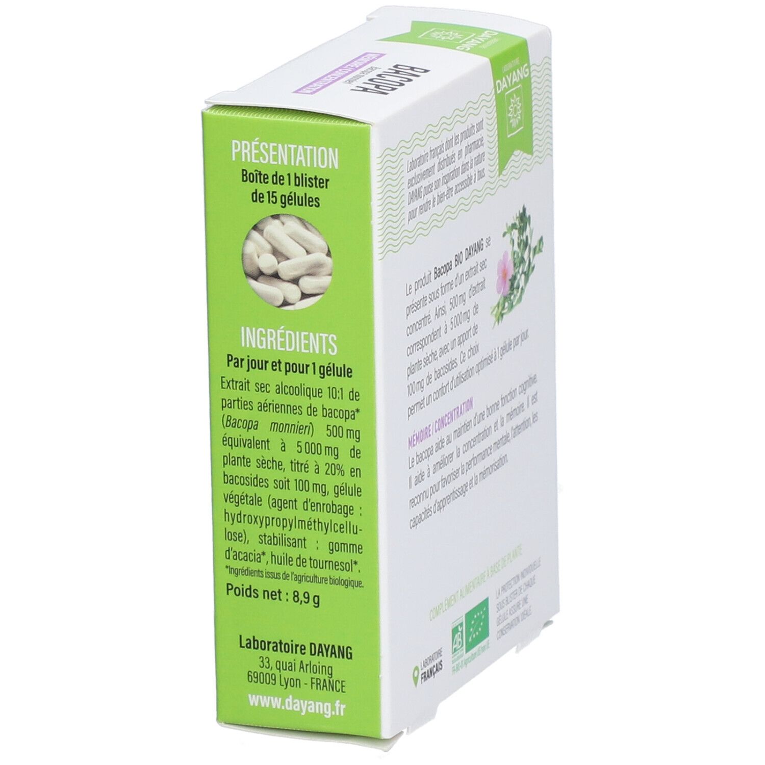 Seitenansicht der Bacopa-Verpackung. Text: Präsentation, Zutaten, 15 Kapseln, Laboratoire DAYANG, Gewicht 8,9 g.