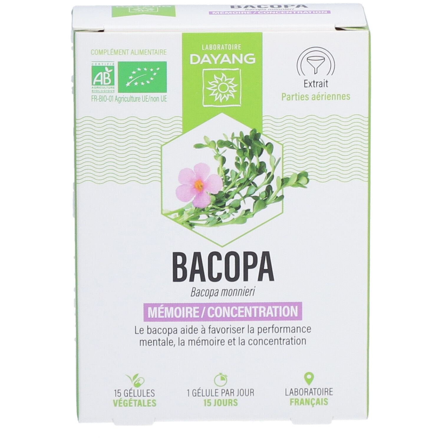 Vorderansicht der Bacopa-Verpackung. Text: Bacopa, Memoire/Concentration, 15 pflanzliche Kapseln, Laboratoire Français.