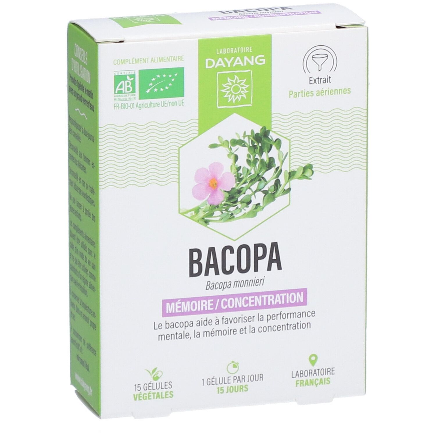 Vorderansicht der Bacopa-Verpackung. Text: Bacopa, Memoire/Concentration, 15 pflanzliche Kapseln, Laboratoire Français.